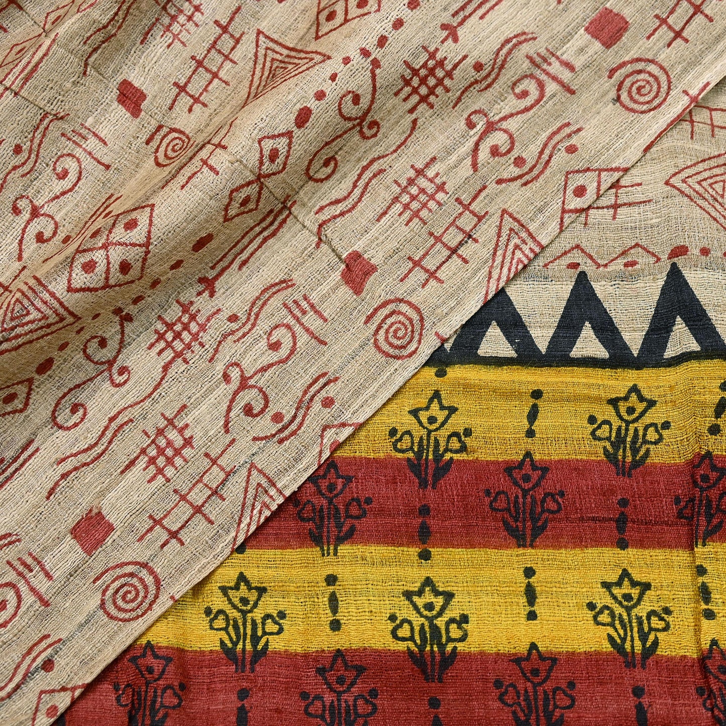 Indian Vintage Beige Dupatta Long Stole 100% Pure Khadi Silk Hand Woven/ Printed Scarves Veil Scarf Wrap Hippie Fringes