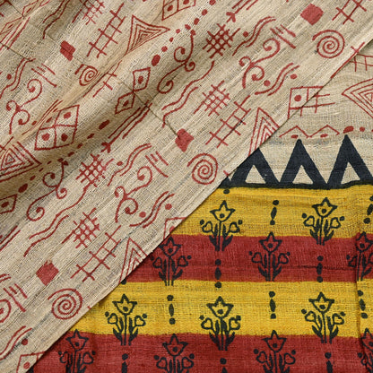 Indian Vintage Beige Dupatta Long Stole 100% Pure Khadi Silk Hand Woven/ Printed Scarves Veil Scarf Wrap Hippie Fringes