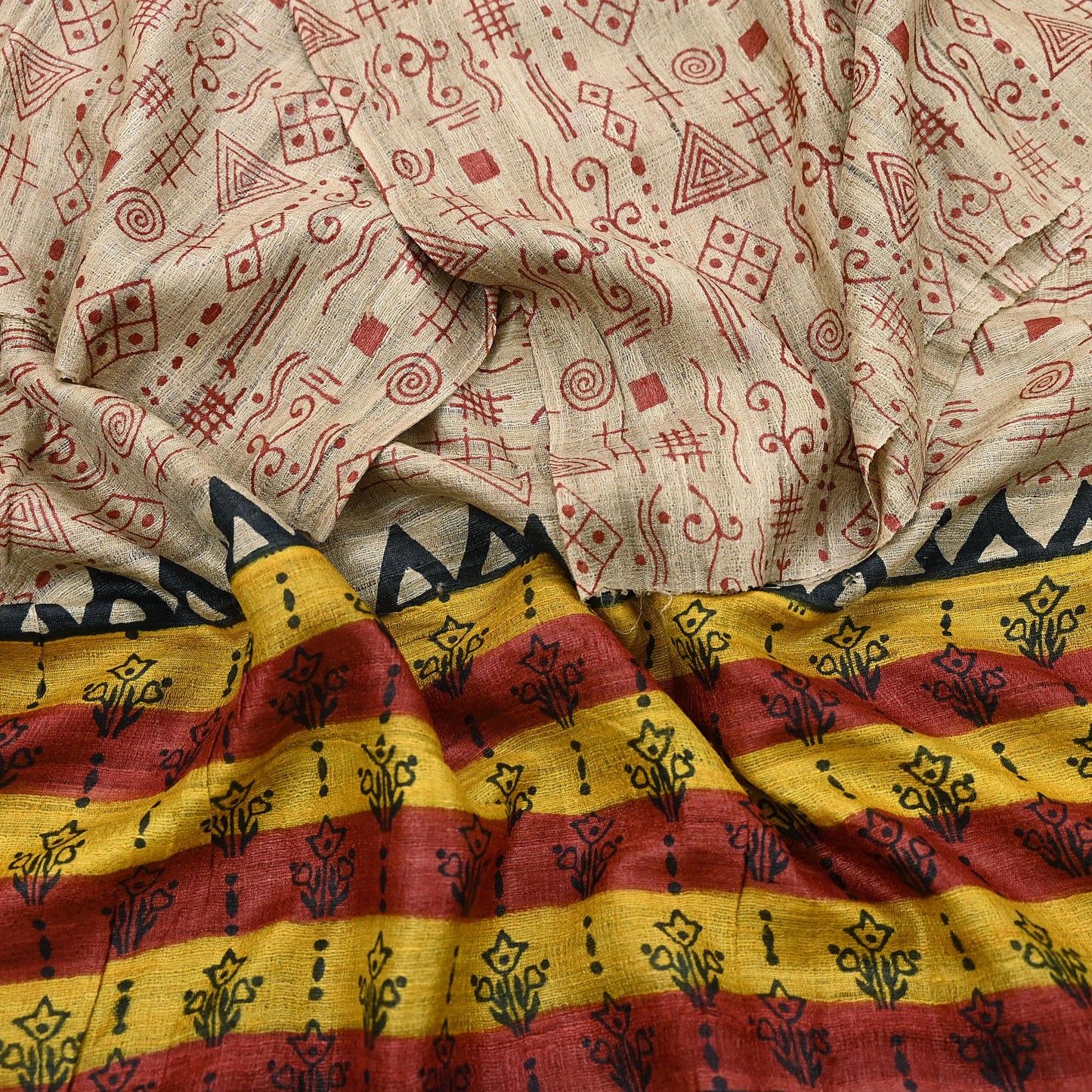 Indian Vintage Beige Dupatta Long Stole 100% Pure Khadi Silk Hand Woven/ Printed Scarves Veil Scarf Wrap Hippie Fringes