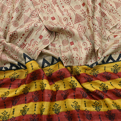 Indian Vintage Beige Dupatta Long Stole 100% Pure Khadi Silk Hand Woven/ Printed Scarves Veil Scarf Wrap Hippie Fringes