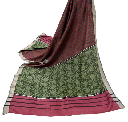 Indian Women Vintage Green & Maroon Long Stole Pure Woolen Scarf Dupatta Scarves Printed Sarong Wrap Veil Hijab Shawl Soft