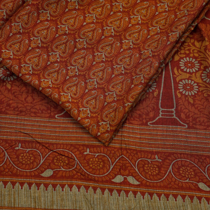 Indian Vintage Sari Maroon & Orange Pure Cotton Printed Saree 5Yd Craft Fabric Soft Floral Sarong Wrap Boho Kimono Quilting Dress Making