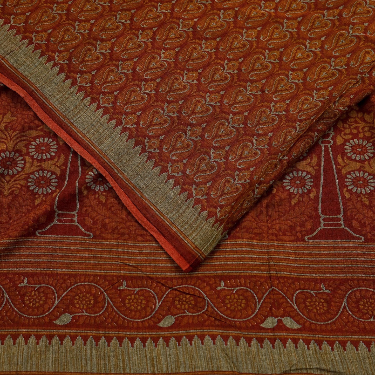 Indian Vintage Sari Maroon & Orange Pure Cotton Printed Saree 5Yd Craft Fabric Soft Floral Sarong Wrap Boho Kimono Quilting Dress Making