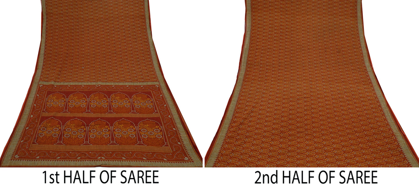 Indian Vintage Sari Maroon & Orange Pure Cotton Printed Saree 5Yd Craft Fabric Soft Floral Sarong Wrap Boho Kimono Quilting Dress Making