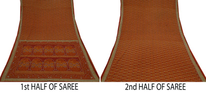 Indian Vintage Sari Maroon & Orange Pure Cotton Printed Saree 5Yd Craft Fabric Soft Floral Sarong Wrap Boho Kimono Quilting Dress Making