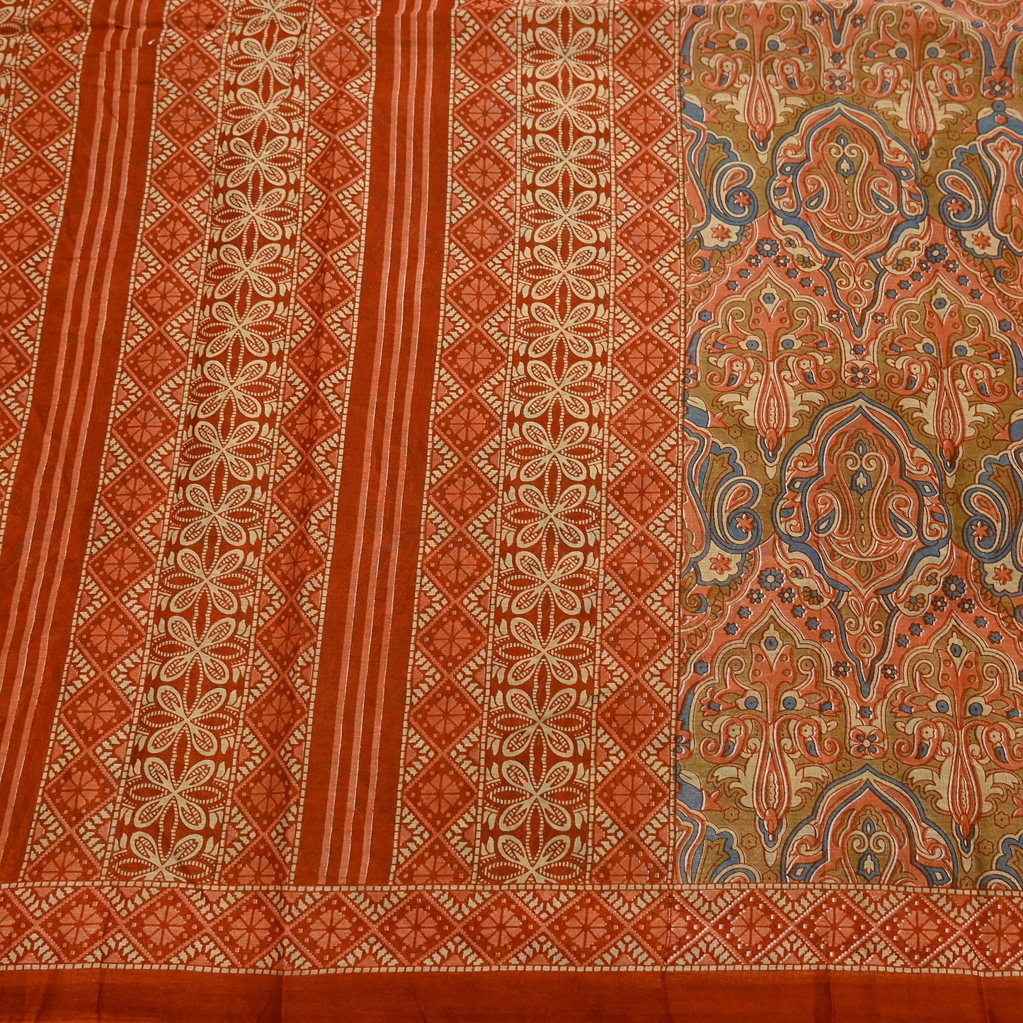 Indian Vintage Sari Green & Orange Printed Pure Cotton Sarees Craft Soft Fabric 5Yd Sewing Sarong Wrap Boho Floral Upcycle Dress making