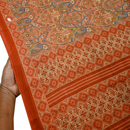 Indian Vintage Sari Green & Orange Printed Pure Cotton Sarees Craft Soft Fabric 5Yd Sewing Sarong Wrap Boho Floral Upcycle Dress making