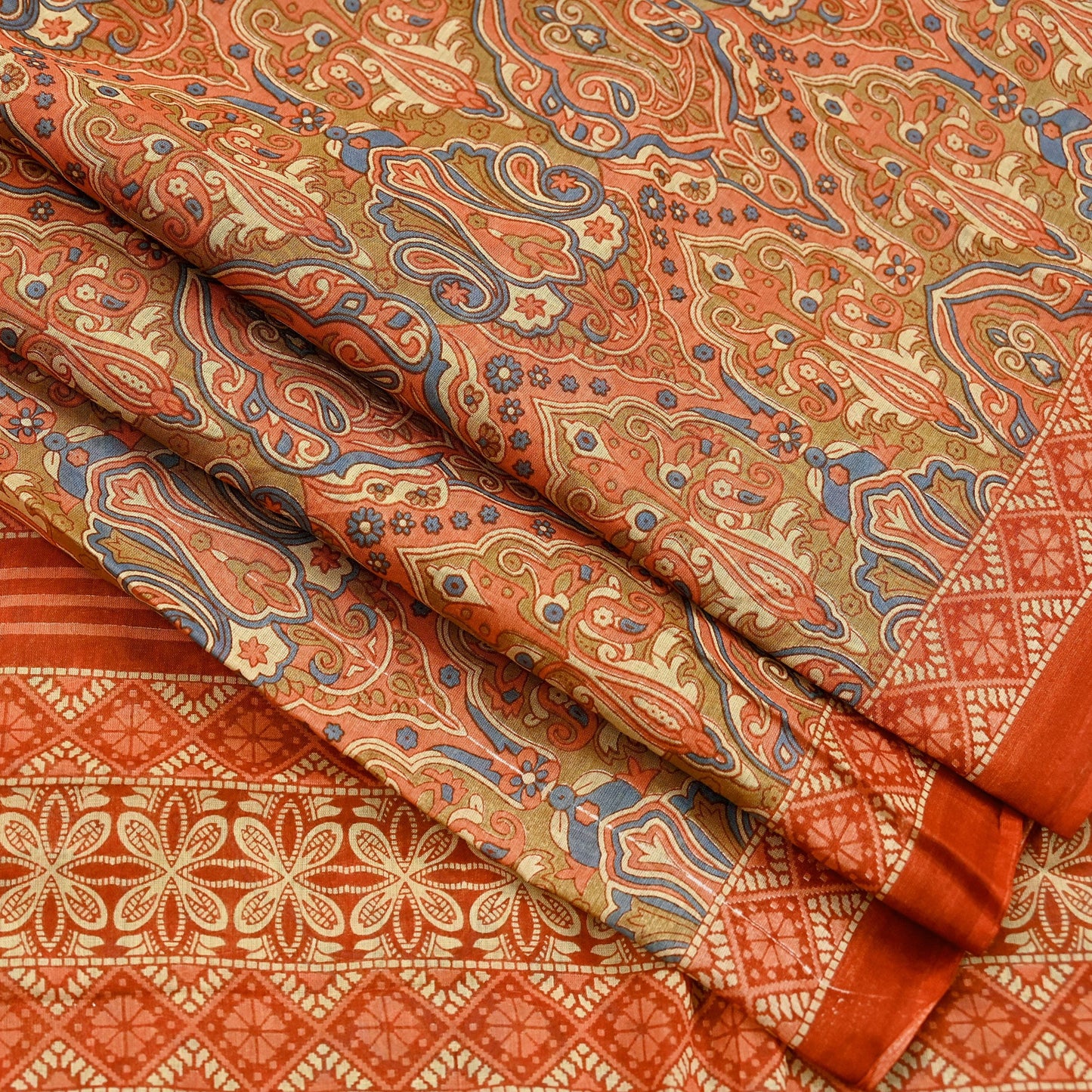 Indian Vintage Sari Green & Orange Printed Pure Cotton Sarees Craft Soft Fabric 5Yd Sewing Sarong Wrap Boho Floral Upcycle Dress making