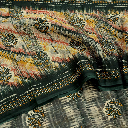 Indian Vintage Sari Multi & Green Pure Cotton Printed Sarees Craft Fabric 5Yd Soft Sewing Sarong Wrap Boho Floral Quilting Upcycle Crafting