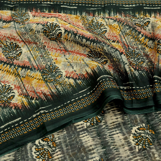 Indian Vintage Sari Multi & Green Pure Cotton Printed Sarees Craft Fabric 5Yd Soft Sewing Sarong Wrap Boho Floral Quilting Upcycle Crafting