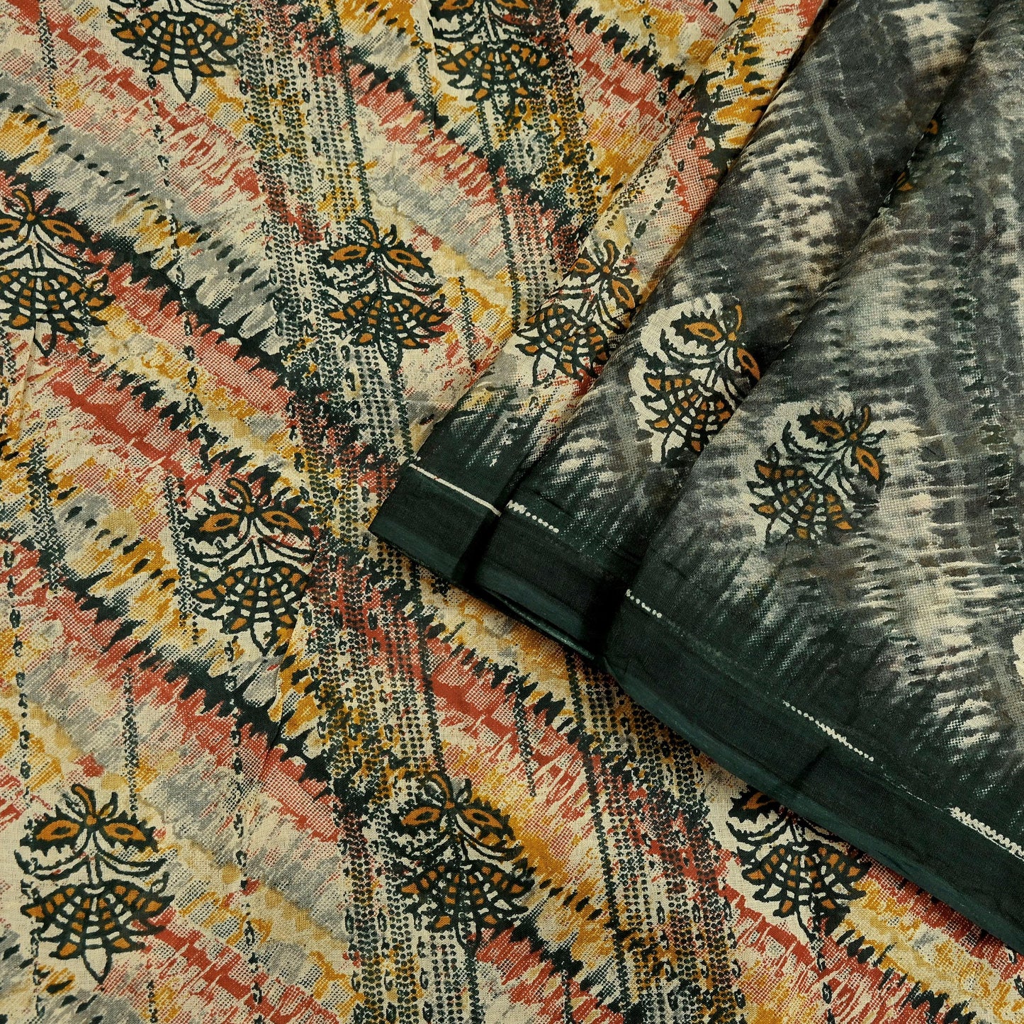 Indian Vintage Sari Multi & Green Pure Cotton Printed Sarees Craft Fabric 5Yd Soft Sewing Sarong Wrap Boho Floral Quilting Upcycle Crafting