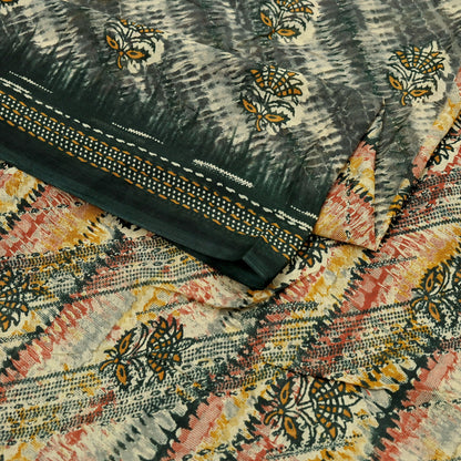 Indian Vintage Sari Multi & Green Pure Cotton Printed Sarees Craft Fabric 5Yd Soft Sewing Sarong Wrap Boho Floral Quilting Upcycle Crafting