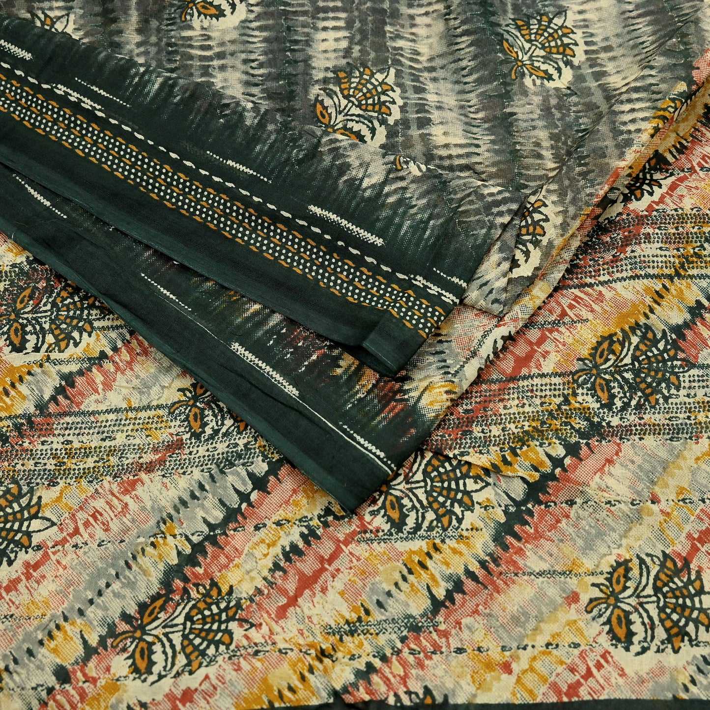 Indian Vintage Sari Multi & Green Pure Cotton Printed Sarees Craft Fabric 5Yd Soft Sewing Sarong Wrap Boho Floral Quilting Upcycle Crafting