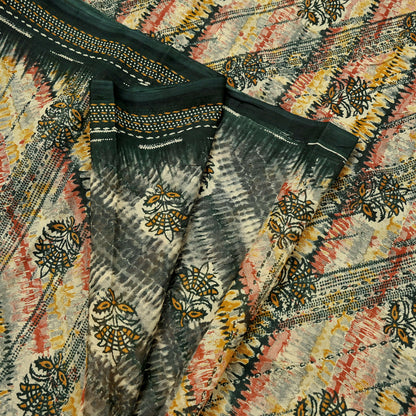 Indian Vintage Sari Multi & Green Pure Cotton Printed Sarees Craft Fabric 5Yd Soft Sewing Sarong Wrap Boho Floral Quilting Upcycle Crafting