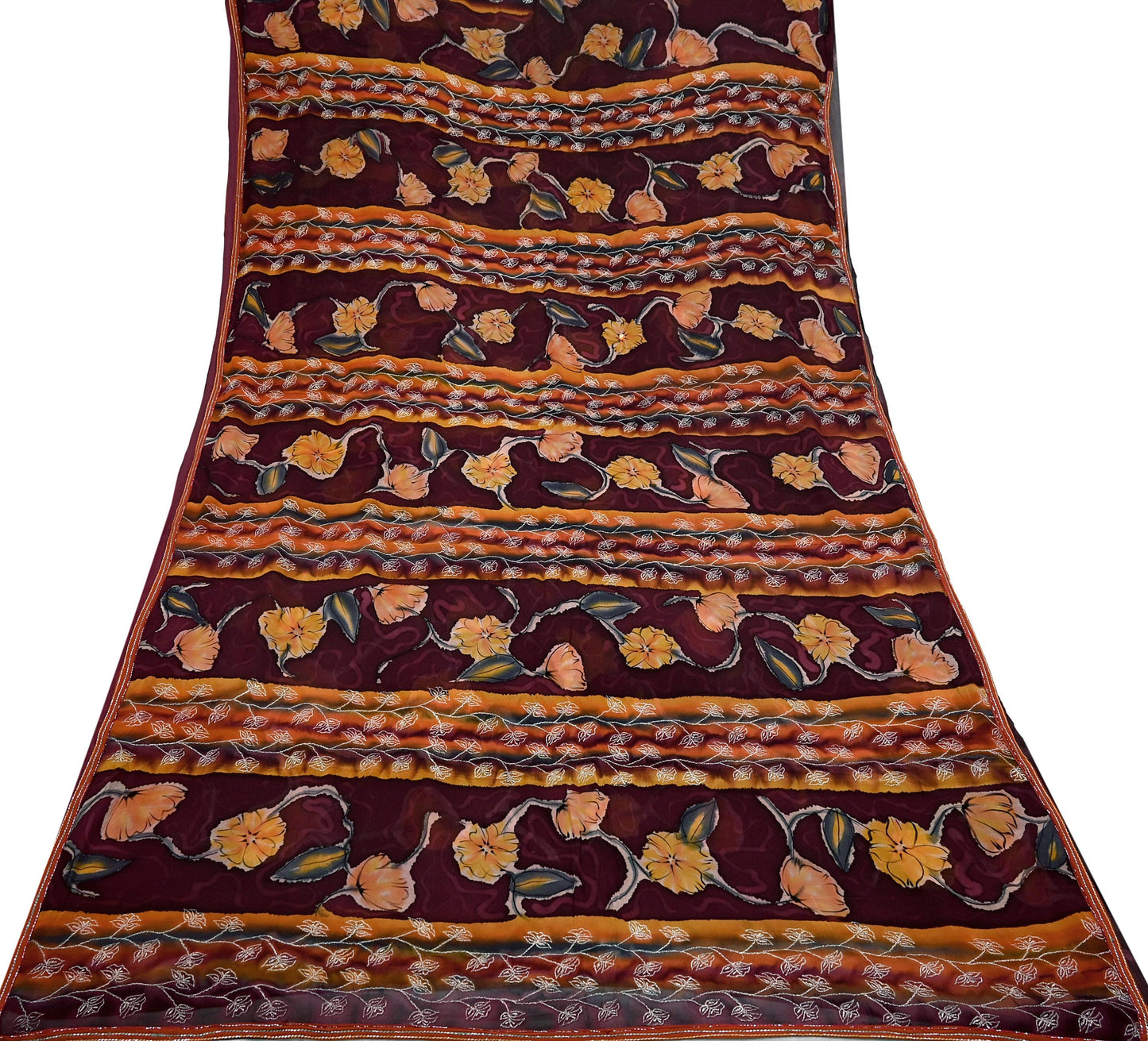 Indian Vintage Sari Maroon Hand Embroidered Printed Pure Georgette Silk Sari Saree Fabric 6Yd Zari Dressmaking Crafting Upcycle