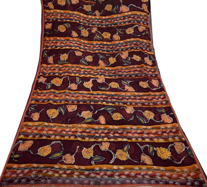 Indian Vintage Sari Maroon Hand Embroidered Printed Pure Georgette Silk Sari Saree Fabric 6Yd Zari Dressmaking Crafting Upcycle
