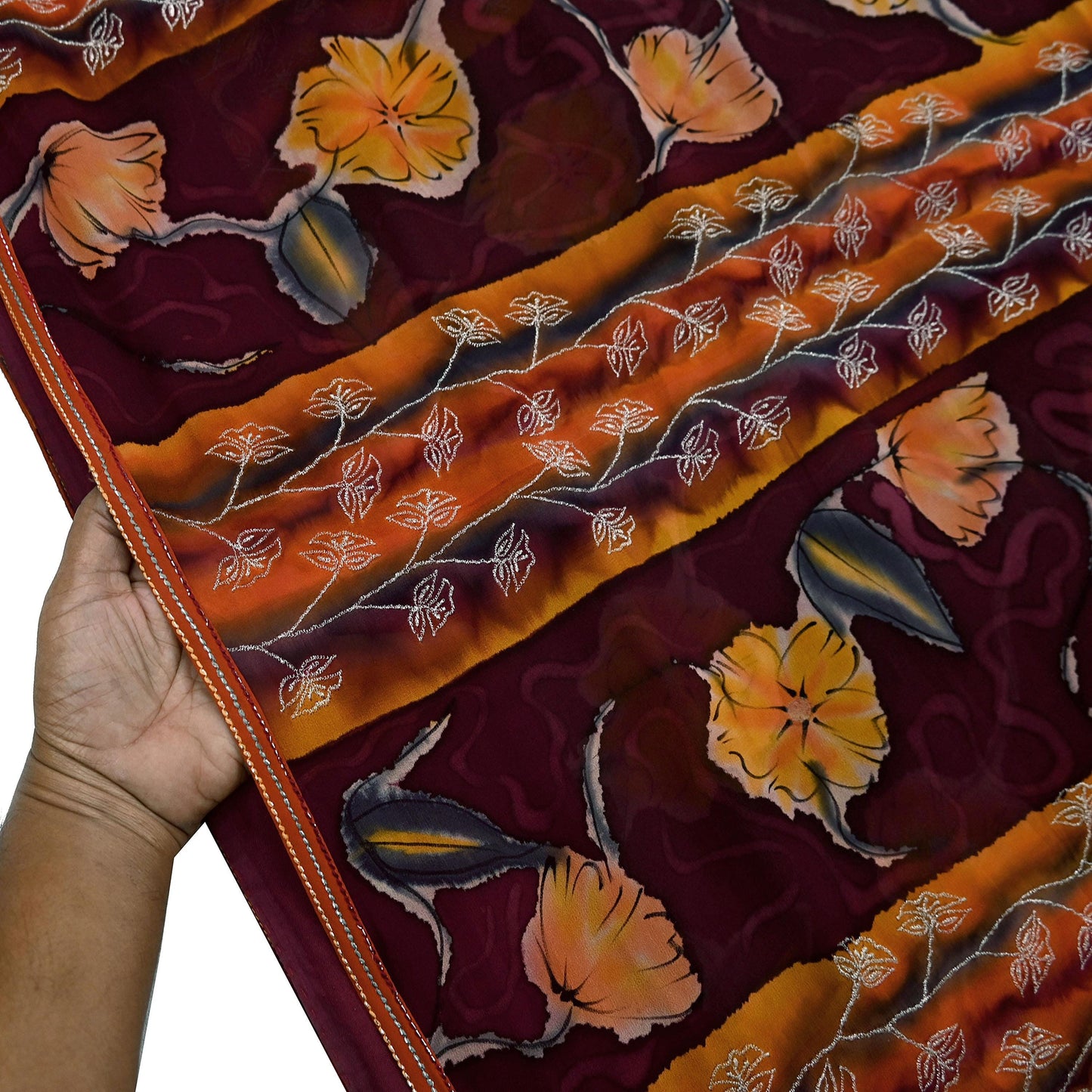 Indian Vintage Sari Maroon Hand Embroidered Printed Pure Georgette Silk Sari Saree Fabric 6Yd Zari Dressmaking Crafting Upcycle
