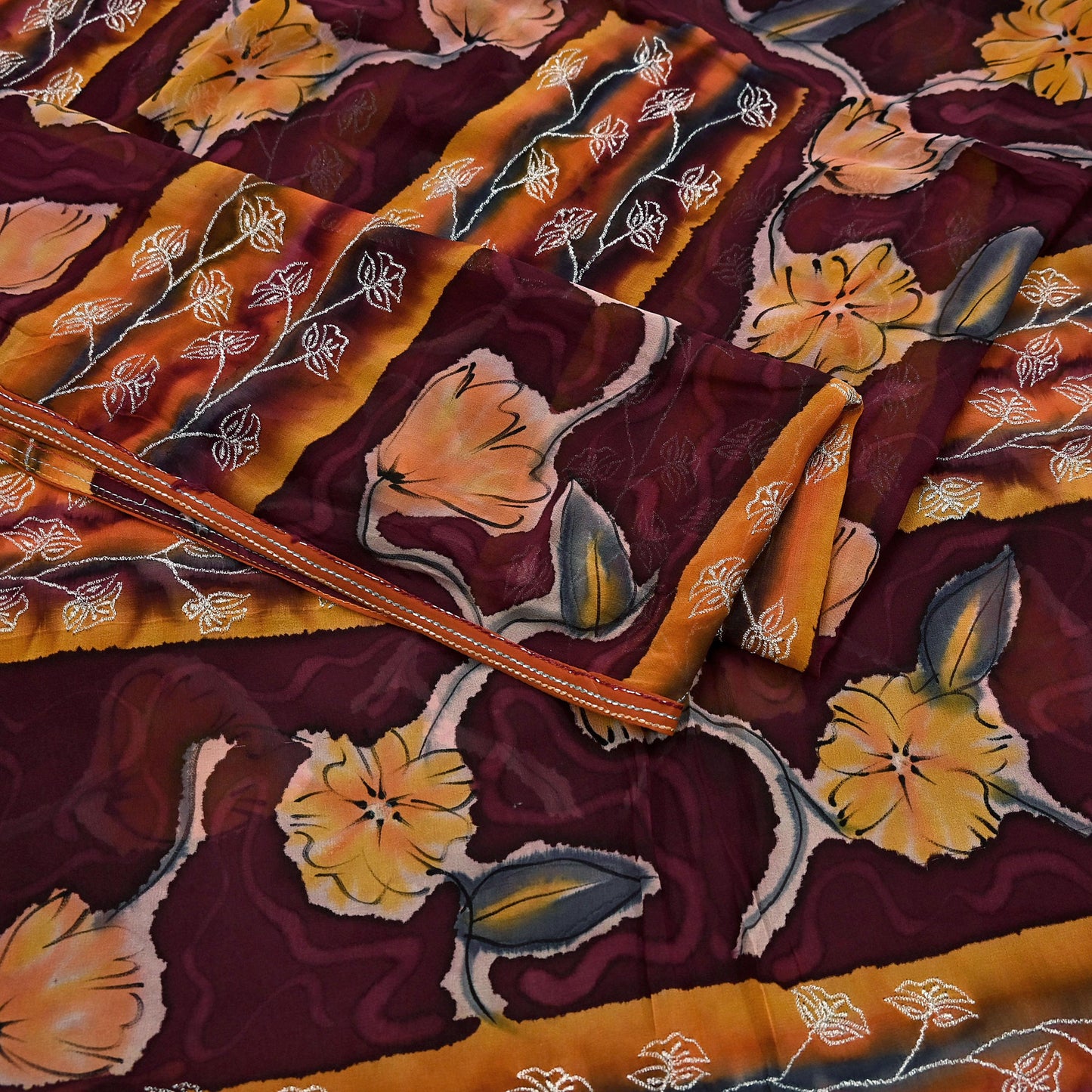 Indian Vintage Sari Maroon Hand Embroidered Printed Pure Georgette Silk Sari Saree Fabric 6Yd Zari Dressmaking Crafting Upcycle