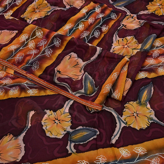 Indian Vintage Sari Maroon Hand Embroidered Printed Pure Georgette Silk Sari Saree Fabric 6Yd Zari Dressmaking Crafting Upcycle