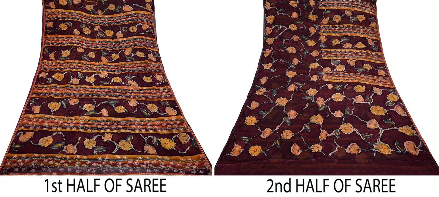 Indian Vintage Sari Maroon Hand Embroidered Printed Pure Georgette Silk Sari Saree Fabric 6Yd Zari Dressmaking Crafting Upcycle