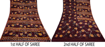 Indian Vintage Sari Maroon Hand Embroidered Printed Pure Georgette Silk Sari Saree Fabric 6Yd Zari Dressmaking Crafting Upcycle