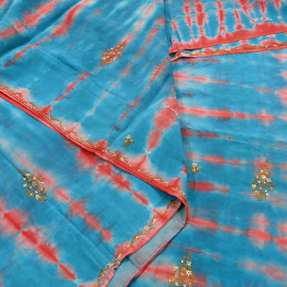 Indian Vintage Saree Blue & Red Pure Crepe Silk Hand Embroidered Tie-Dye Sari Fabric 5yard Sewing Craft Fabric Ethnic Dressmaking Crafting