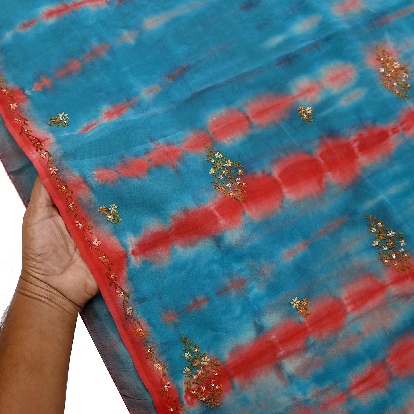 Indian Vintage Saree Blue & Red Pure Crepe Silk Hand Embroidered Tie-Dye Sari Fabric 5yard Sewing Craft Fabric Ethnic Dressmaking Crafting