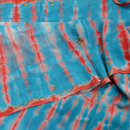 Indian Vintage Saree Blue & Red Pure Crepe Silk Hand Embroidered Tie-Dye Sari Fabric 5yard Sewing Craft Fabric Ethnic Dressmaking Crafting