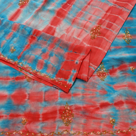 Indian Vintage Saree Blue & Red Pure Crepe Silk Hand Embroidered Tie-Dye Sari Fabric 5yard Sewing Craft Fabric Ethnic Dressmaking Crafting