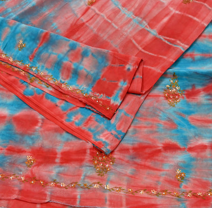 Indian Vintage Saree Blue & Red Pure Crepe Silk Hand Embroidered Tie-Dye Sari Fabric 5yard Sewing Craft Fabric Ethnic Dressmaking Crafting