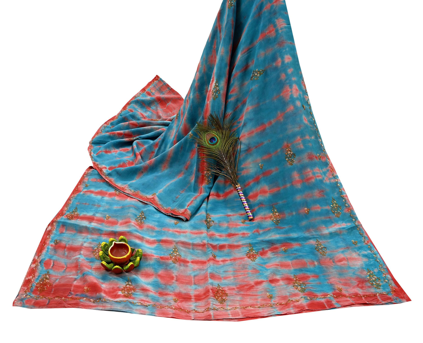 Indian Vintage Saree Blue & Red Pure Crepe Silk Hand Embroidered Tie-Dye Sari Fabric 5yard Sewing Craft Fabric Ethnic Dressmaking Crafting