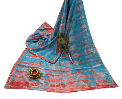Indian Vintage Saree Blue & Red Pure Crepe Silk Hand Embroidered Tie-Dye Sari Fabric 5yard Sewing Craft Fabric Ethnic Dressmaking Crafting