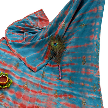 Indian Vintage Saree Blue & Red Pure Crepe Silk Hand Embroidered Tie-Dye Sari Fabric 5yard Sewing Craft Fabric Ethnic Dressmaking Crafting