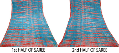 Indian Vintage Saree Blue & Red Pure Crepe Silk Hand Embroidered Tie-Dye Sari Fabric 5yard Sewing Craft Fabric Ethnic Dressmaking Crafting