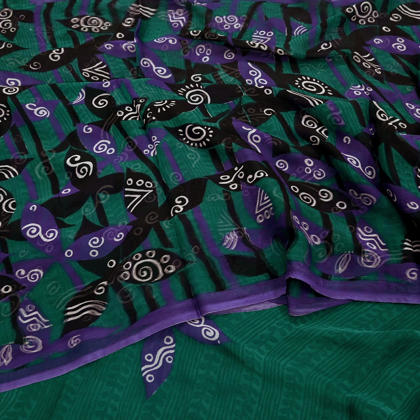 Indian Vintage Green & Black Saree Georgette Digital Printed Sari Sewing 5yard Craft Soft Abstract Crafting Dress Making Upcycle