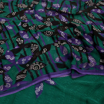 Indian Vintage Green & Black Saree Georgette Digital Printed Sari Sewing 5yard Craft Soft Abstract Crafting Dress Making Upcycle
