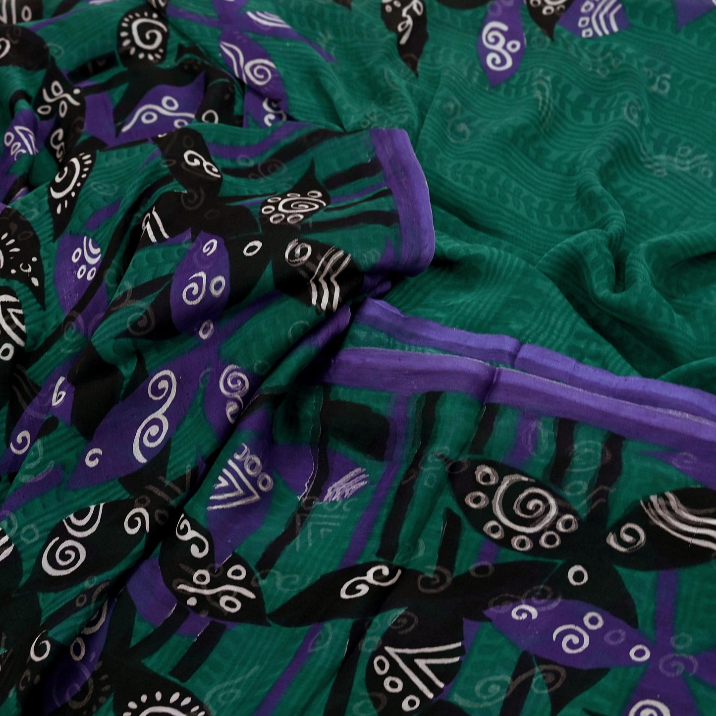 Indian Vintage Green & Black Saree Georgette Digital Printed Sari Sewing 5yard Craft Soft Abstract Crafting Dress Making Upcycle