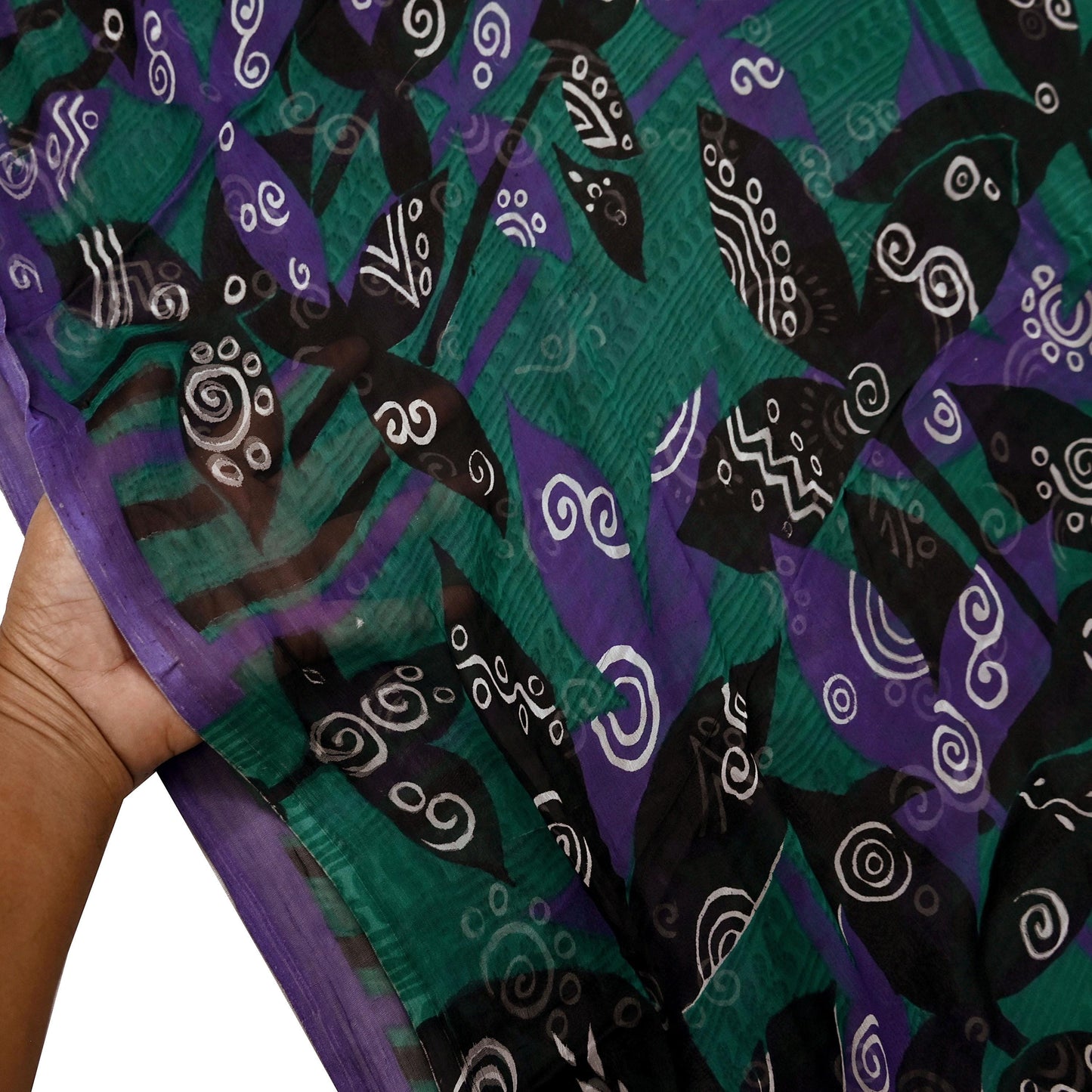 Indian Vintage Green & Black Saree Georgette Digital Printed Sari Sewing 5yard Craft Soft Abstract Crafting Dress Making Upcycle