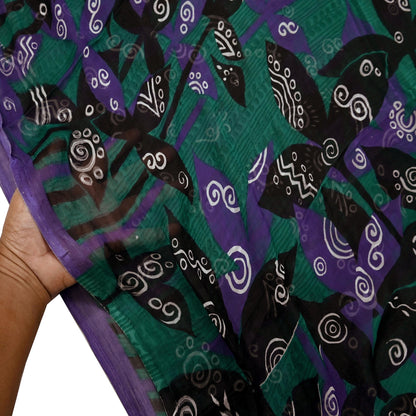 Indian Vintage Green & Black Saree Georgette Digital Printed Sari Sewing 5yard Craft Soft Abstract Crafting Dress Making Upcycle