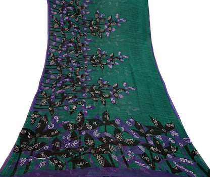 Indian Vintage Green & Black Saree Georgette Digital Printed Sari Sewing 5yard Craft Soft Abstract Crafting Dress Making Upcycle