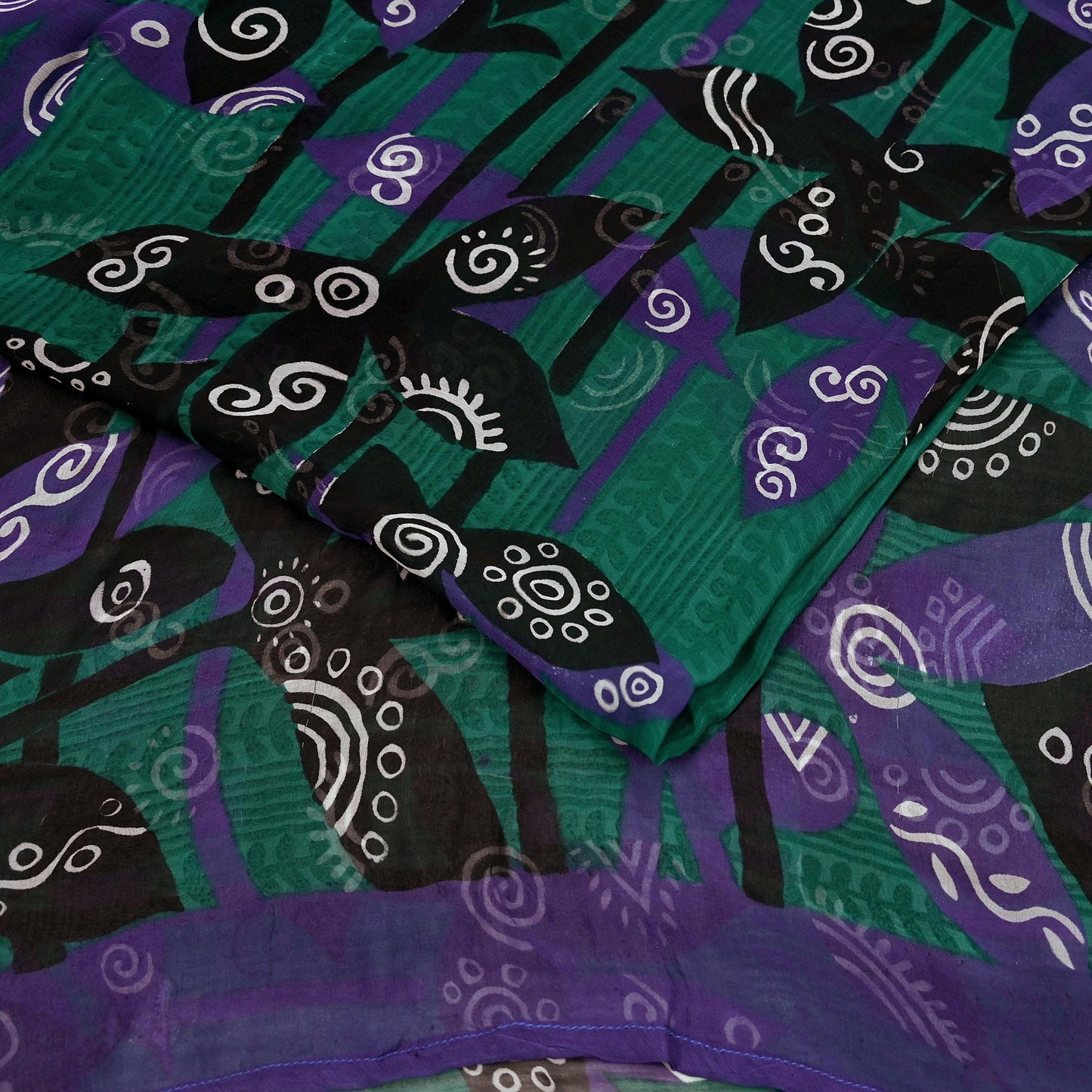 Indian Vintage Green & Black Saree Georgette Digital Printed Sari Sewing 5yard Craft Soft Abstract Crafting Dress Making Upcycle