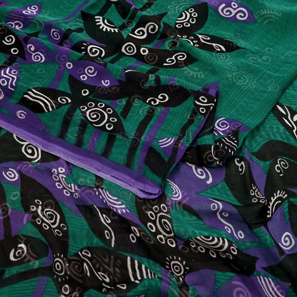 Indian Vintage Green & Black Saree Georgette Digital Printed Sari Sewing 5yard Craft Soft Abstract Crafting Dress Making Upcycle