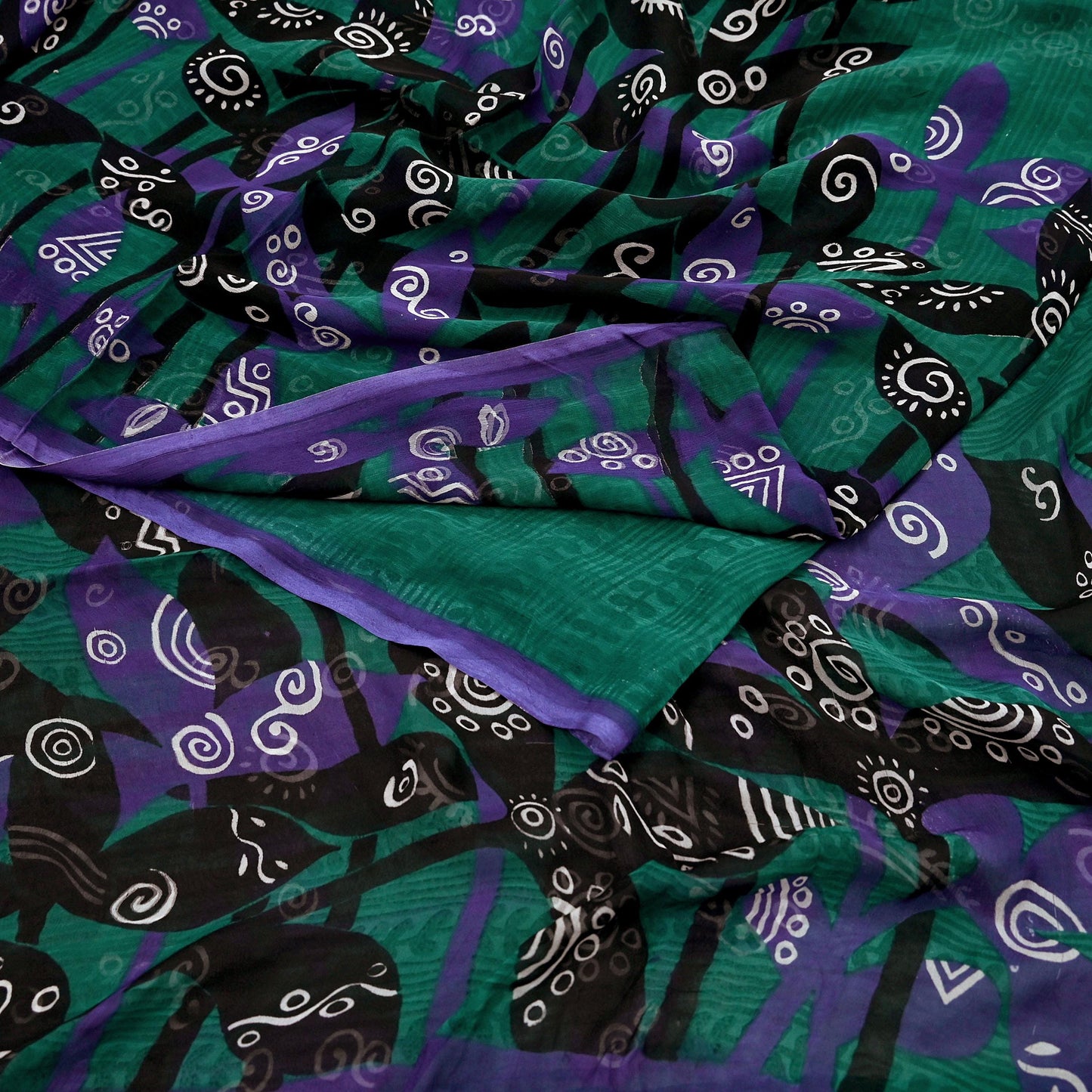 Indian Vintage Green & Black Saree Georgette Digital Printed Sari Sewing 5yard Craft Soft Abstract Crafting Dress Making Upcycle