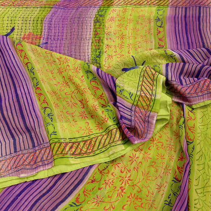 Indian Vintage Sari Green & Purple Pure Georgette Silk Printed Sarees Craft Fabric Sewing 6Yd Soft Sari Dress Making Crafting Quilting