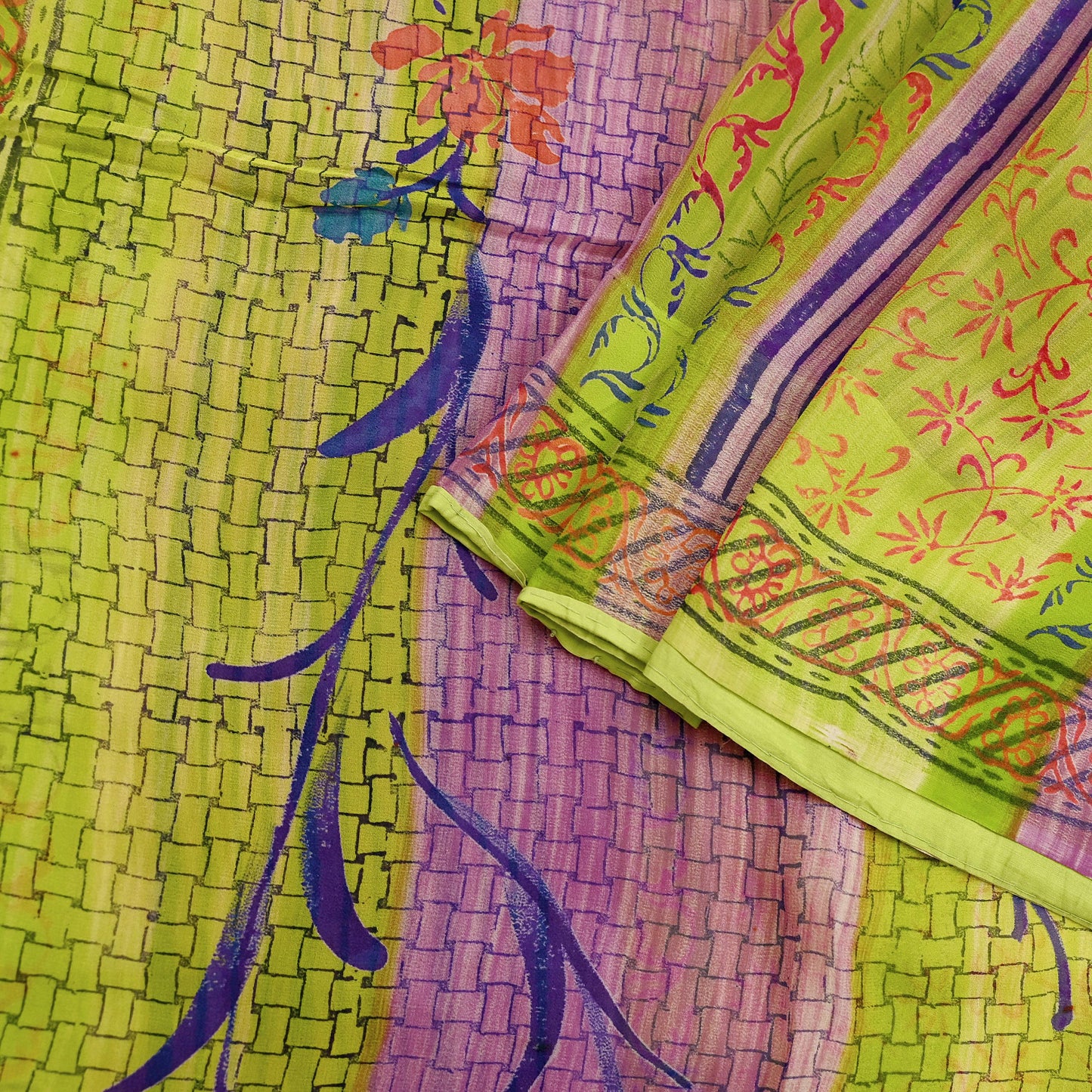 Indian Vintage Sari Green & Purple Pure Georgette Silk Printed Sarees Craft Fabric Sewing 6Yd Soft Sari Dress Making Crafting Quilting