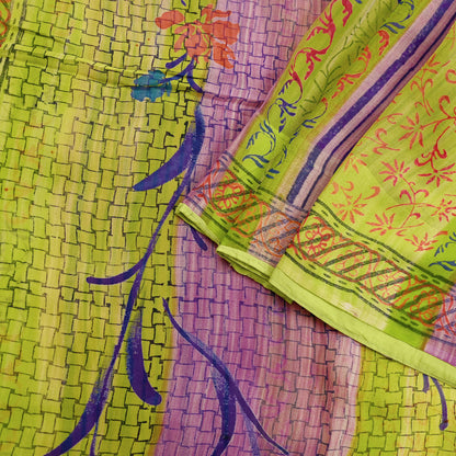 Indian Vintage Sari Green & Purple Pure Georgette Silk Printed Sarees Craft Fabric Sewing 6Yd Soft Sari Dress Making Crafting Quilting