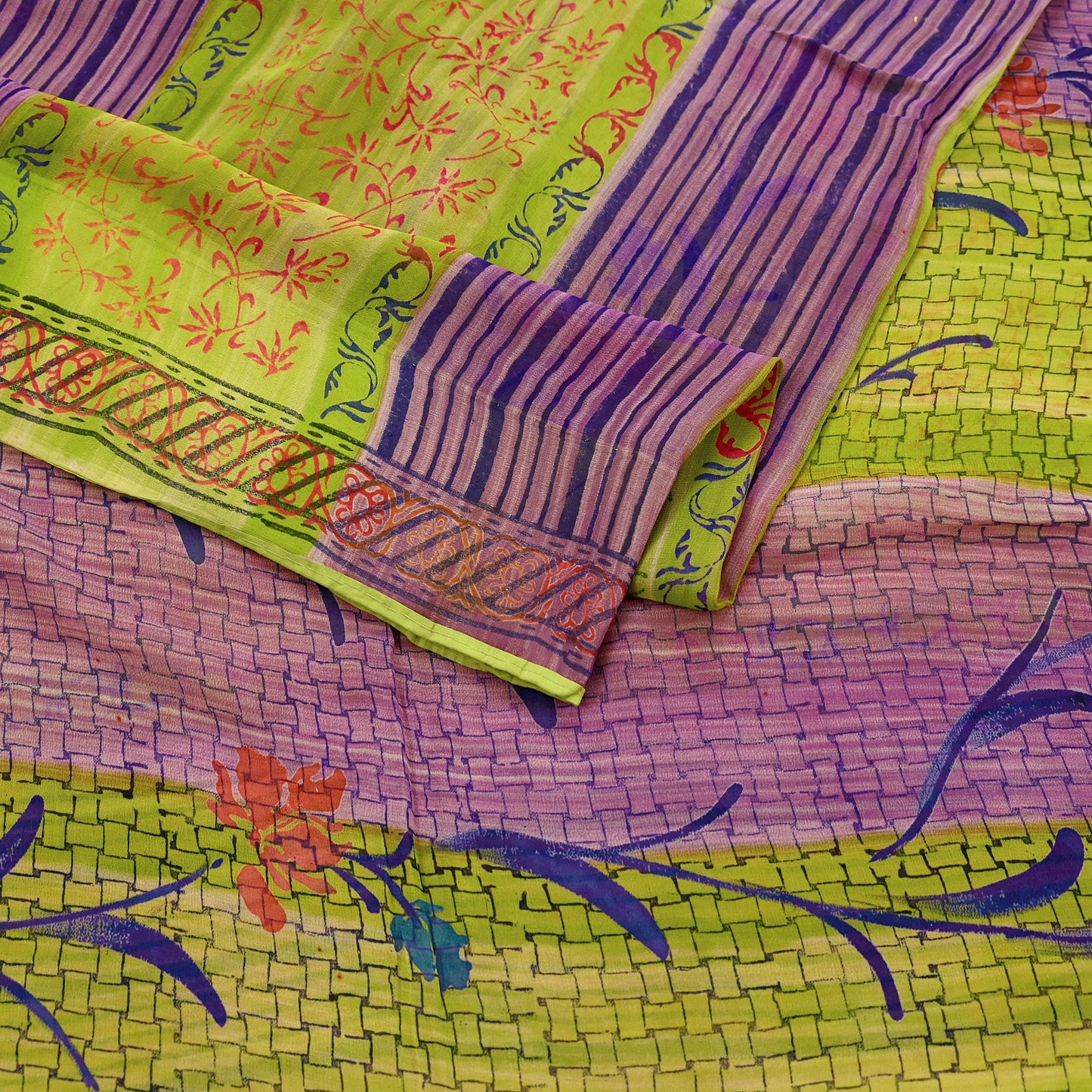 Indian Vintage Sari Green & Purple Pure Georgette Silk Printed Sarees Craft Fabric Sewing 6Yd Soft Sari Dress Making Crafting Quilting