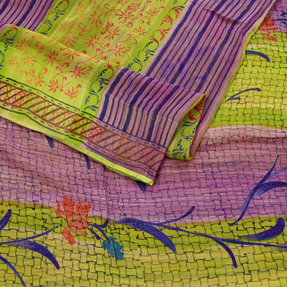 Indian Vintage Sari Green & Purple Pure Georgette Silk Printed Sarees Craft Fabric Sewing 6Yd Soft Sari Dress Making Crafting Quilting