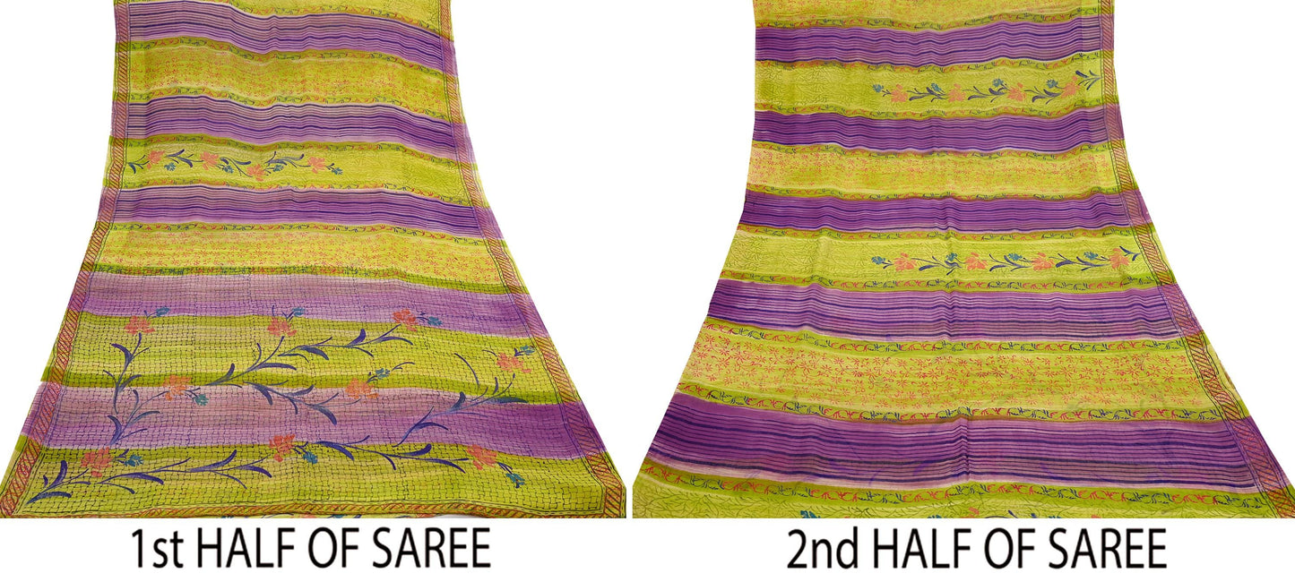 Indian Vintage Sari Green & Purple Pure Georgette Silk Printed Sarees Craft Fabric Sewing 6Yd Soft Sari Dress Making Crafting Quilting