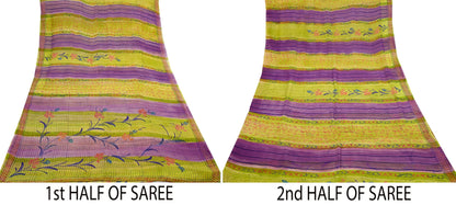 Indian Vintage Sari Green & Purple Pure Georgette Silk Printed Sarees Craft Fabric Sewing 6Yd Soft Sari Dress Making Crafting Quilting